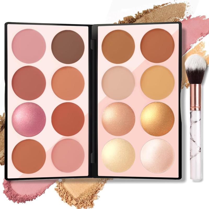 Blush Contour Highlighter Makeup Palette with Brush, Matte Mineral Face Blush Powder , Bright Shimmer Illuminator Bronzer Professional Facial Beauty