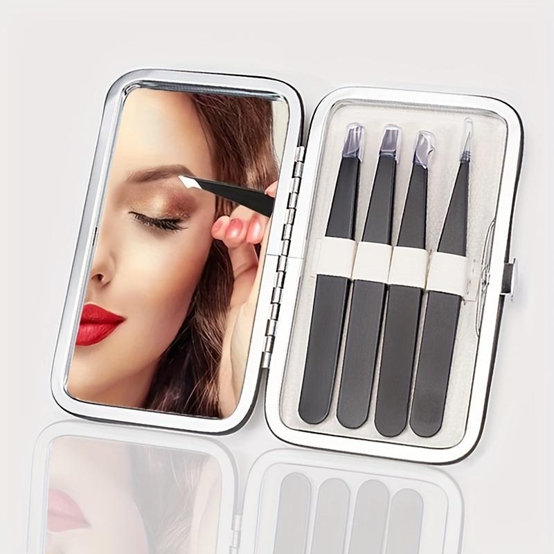 Makeup Mirror with Tweezer Kit, 4 Counts set Portable Eyebrow Shaping Tool, Portable Mirror Set for Travel & Home