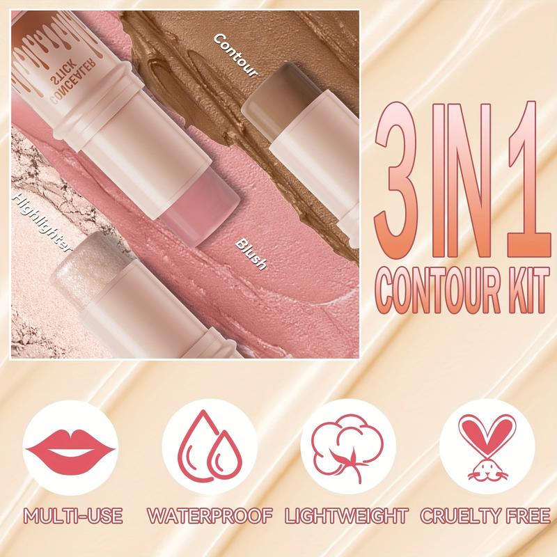 3Pcs Contour Stick,Blush Stick,Highlighter Stick, Bronzer Stick,3 Pcs Cream Contour Kit With Brush For A Flawless Look Contour Stick Makeup Non-Greasy Waterproof, Long-lasting Fair-Medium