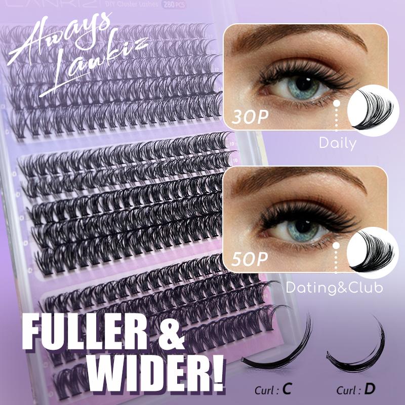 Lankiz 30p 40p 50p DIY Eyelash Extensions Kit with 280 pcs Durable & Soft Individual Lash Clusters, Beginners Friendly Eyelashes Cosmetic Makeup