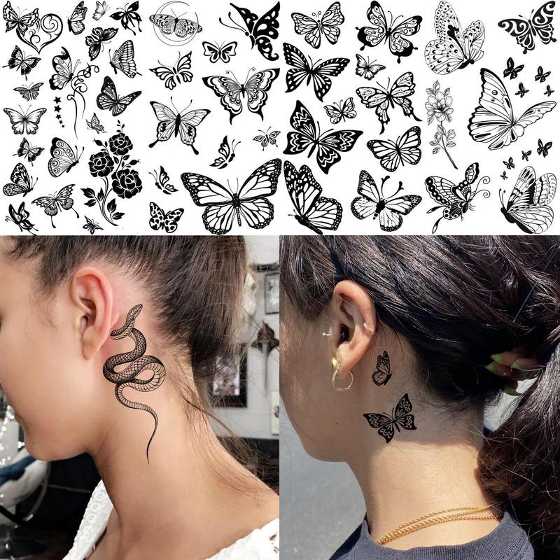 Butterfly & Snake Pattern Makeup Temporary Tattoo Sticker for Music Festival Makeup Decor, 15pcs Waterproof Cosmetic Fake Tattoo Sticker for Women & Girls, Christmas Gift