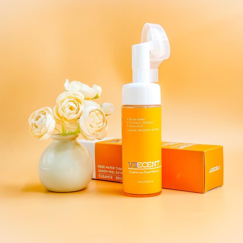 NEW 150ml - Veecent Turmeric + Kojic Acid Foaming Facial Cleanser + Silicone Brush Cleansing Skincare, Comfort Skin Repair Facial Wash