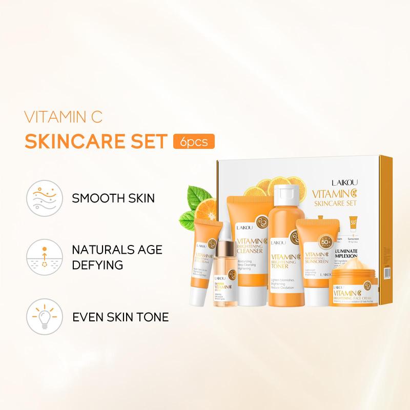 Vitamin C Skincare Kit, 6 Counts set Facial Cleanser & Refreshing Toner & Facial Moisturizer & Eye Cream & Hydrating Face Essence & Sun Care Cream, Women's Personal Care Products, Skin Care Products