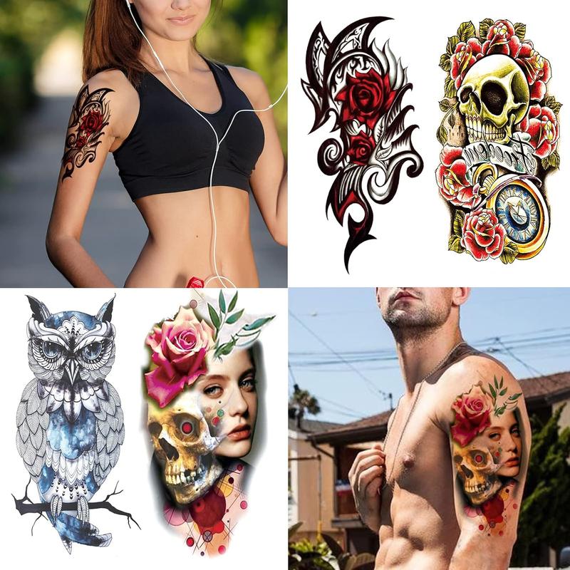 80 Sheets Temporary Tattoos Stickers, Fake Body Arm Chest Shoulder Tattoos for Men and Women,  Temporary Tattoos Black Fake Skull Skeleton Tattoos for Cosplay tattoo sticker fake  tattoos sheet temporary