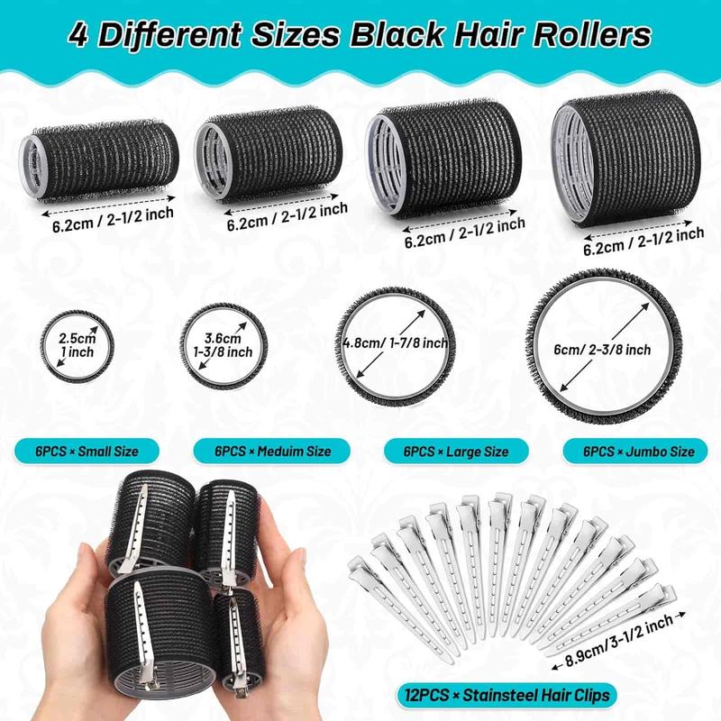 36 Pcs Hair Rollers, Hair Curlers 36 Pcs Set with 24Pcs Hair Curlers 4 Sizes (6 Jumbo Rollers, 6 Large Rollers & 6 Medium Rollers & 6 Small Rollers) and 12 Pcs Hair Clips for Long Medium Short Thick Hair.