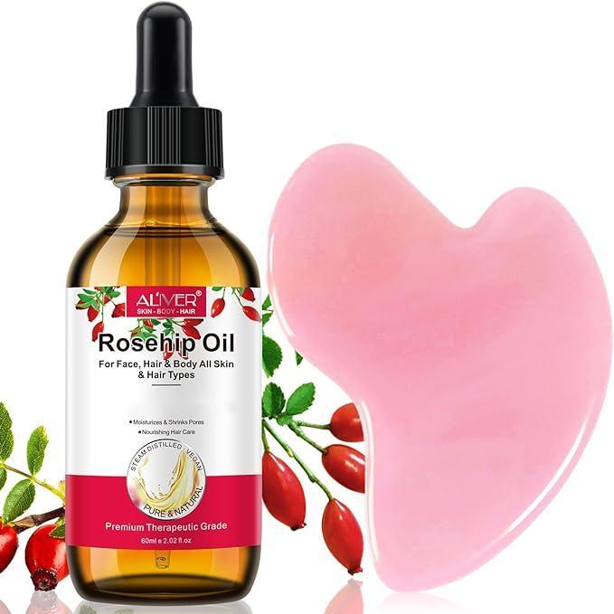 Aliver Rosehip Oil, with Gua Sha Massage Tool for Body & Skin -(60ml 2.02Fl Oz)