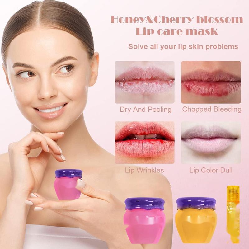 2PCS Lip Mask Overnight, Honey&Sakura Day and Night Repair Sleeping Lip Balm, Fade Lip Lines Bee Balm, Hydrating &Prevention Dry and Crack Lip Scrubs Exfoliator