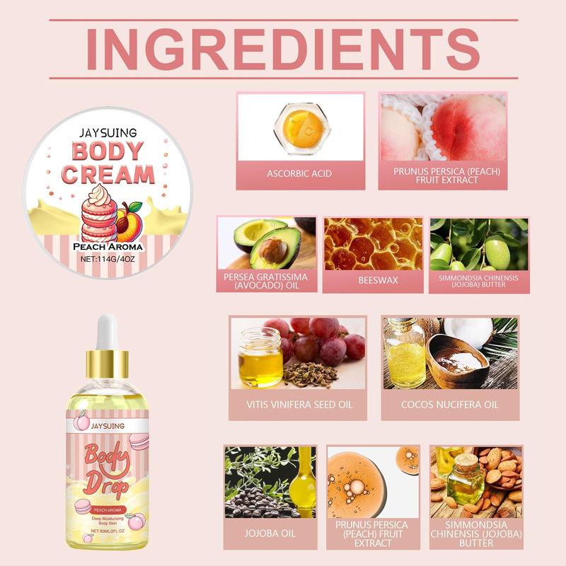 Peach Body Care Oil & Body Cream Set, 2 Counts set Deep Moisturizing Body Care Kit, Hydrating Body Massage Oil and Cream Kit for Women & Girls