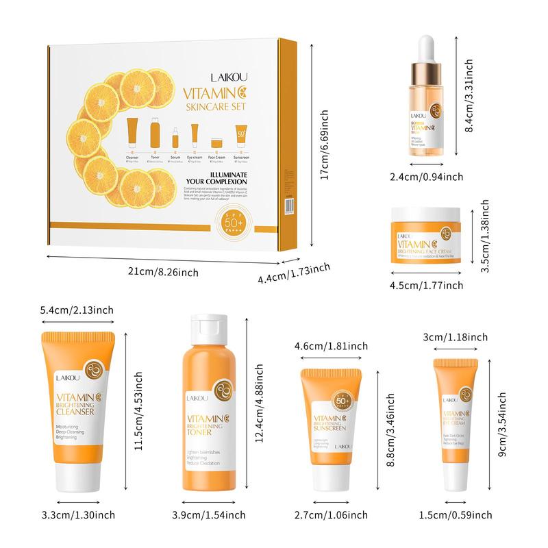 Vitamin C Skincare Kit, 6 Counts set Facial Cleanser & Refreshing Toner & Facial Moisturizer & Eye Cream & Hydrating Face Essence & Sun Care Cream, Women's Personal Care Products, Skin Care Products