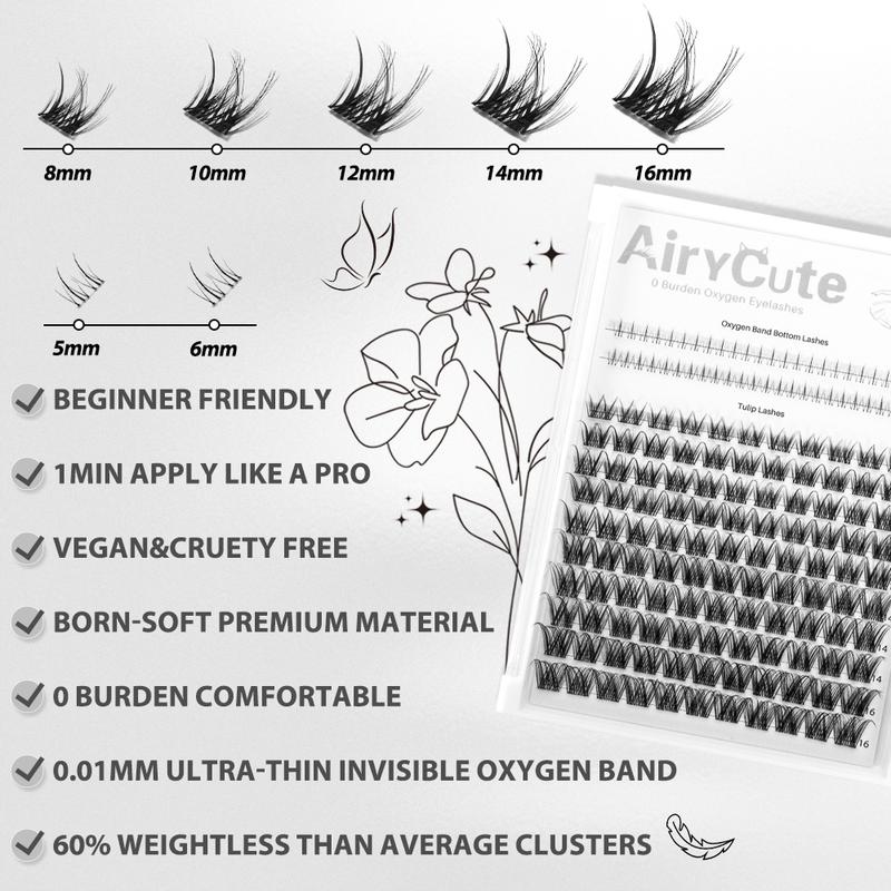 AiryCute Cluster Lashes Tulip Ultra-Thin Oxygen band DIY Lash Extension Kit with Bond and Seal+Remover+Tweezers Waterproof and Long Lasting Beginner Friendly Eyelashes