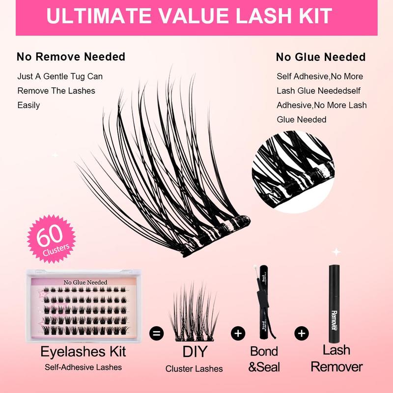 Self Adhesive Eyelashes, 60pcs set Natural Look Eyelash Extensions with Eyelash Curler, Eye Makeup Product for Women & Girls