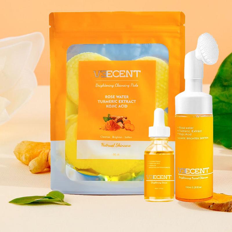 Daily Gentle Turmeric Kojic Acid Facial Cleanser Kit with Cleansing Pads and Brightening Serum