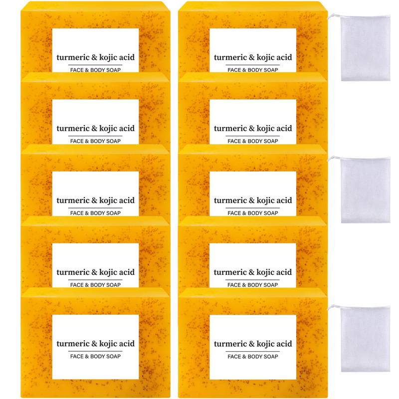 Acne Face & Body Wash, 10pcs set Lemon Turmeric & Kojic Acid Moisturizing Brightening Cleansing Body Care Soap Bar Set, Summer Gifts, Daily Deep Hydration Soft Skincare Cleanser Kit for with Soap Saver Bags, Kojic Acid Soap