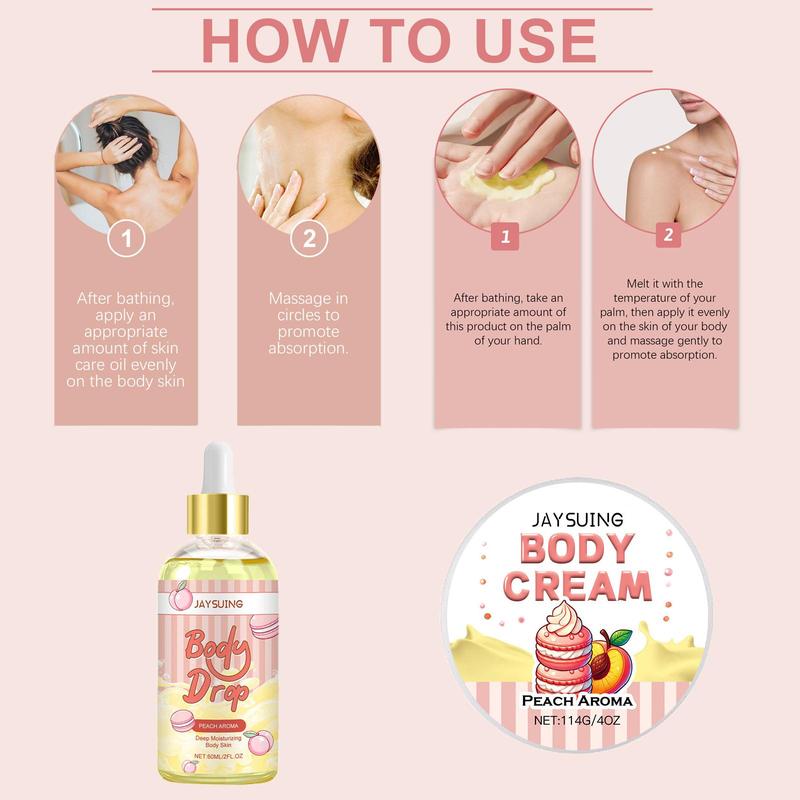 Peach Body Care Oil & Body Cream Set, 2 Counts set Deep Moisturizing Body Care Kit, Hydrating Body Massage Oil and Cream Kit for Women & Girls