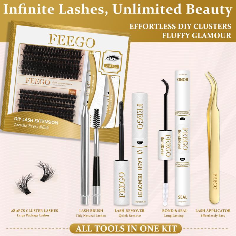 FEEGO False Eyelashes 280Pcs 60D+80D 10-18mm Fluffy Eyelash Set,DIY Eyelash Extension D Curl，Waterproof Bond Seal,Remover,Eyelash Tweezers,Brushes