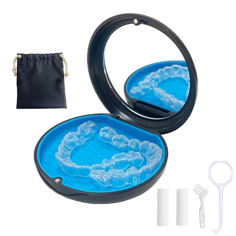 Keep Your Retainer Safe with This Retainer Case! Aligner Case with Mirror. Round Retainer Holder with Aligner Remover Tool, Chew & Brush, and Rope Bag Sets. Black Shell with Blue Silicone. A TikTok-Favored Dental Accessory.