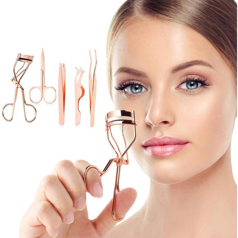 5 Pieces Eyelash Applicator Tool False Eyelashes Applicator Eyebrow Curler Eyebrow Scissors (Rose Golden)