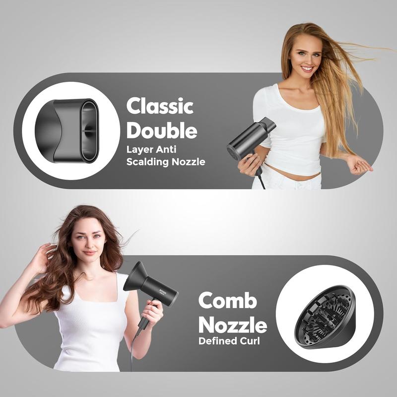 Professional Hair Dryer Ionic Blow Dryer with Diffuser and Nozzle, 1600 Watt Negative Ions Salon Light Hairdryer for Man Women Black