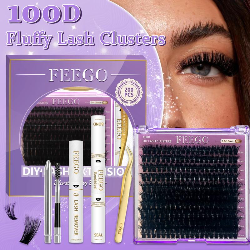 FEEGO 100D Fluffy Lash Extensions Kit 10-18mm Thick Eyelashs Clusters Kit Lashes Clusters with Bond and Seal DIY at Home for Beginners Waterproof