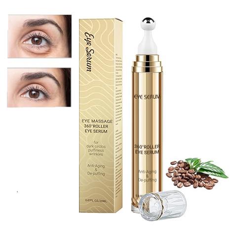 Eye Serum 5% Caffeine,Under Eye Cream for Dark Circles & Puffiness Eve Care Eye Roller Serum with 360°Massage Ball Reduce Eye Bags Wrinkles & Fine Lines 20ML