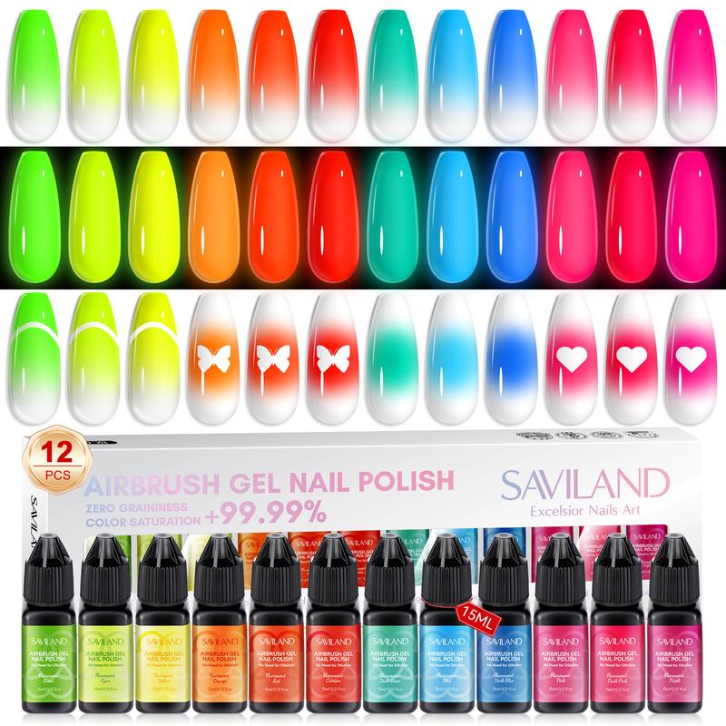 SAVILAND Airbrush Gel Nail Polish Set: 12 Vibrant Neon Colors No Dilution Needed Perfect for French Manicures DIY Nail Art Parties Gifting