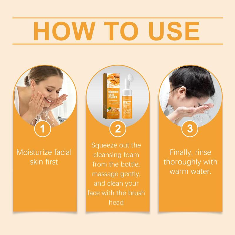 Turmeric & Kojic Acid Foaming Facial Cleanser for Christmas Gift, 2 Counts Moisturizing Facial Wash with Silicone Brush, Facial Cleansing Products for Women