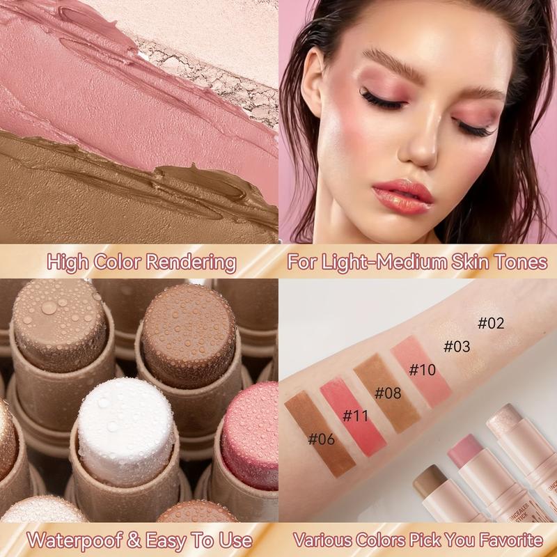 3Pcs Contour Stick,Blush Stick,Highlighter Stick, Bronzer Stick,3 Pcs Cream Contour Kit With Brush For A Flawless Look Contour Stick Makeup Non-Greasy Waterproof, Long-lasting Fair-Medium