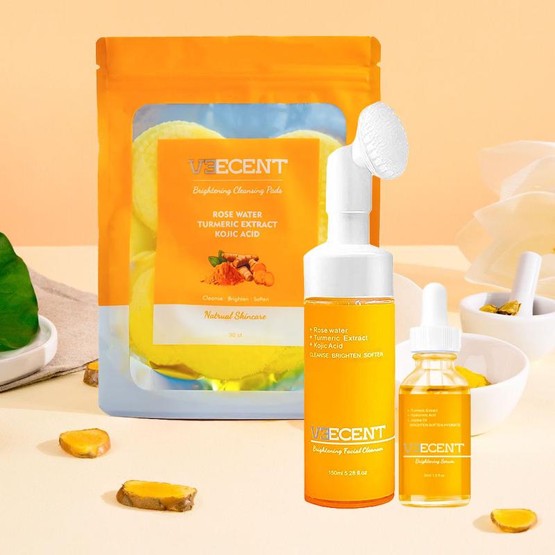 Daily Gentle Turmeric Kojic Acid Facial Cleanser Kit with Cleansing Pads and Brightening Serum