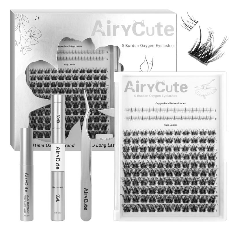 AiryCute Cluster Lashes Tulip Ultra-Thin Oxygen band DIY Lash Extension Kit with Bond and Seal+Remover+Tweezers Waterproof and Long Lasting Beginner Friendly Eyelashes