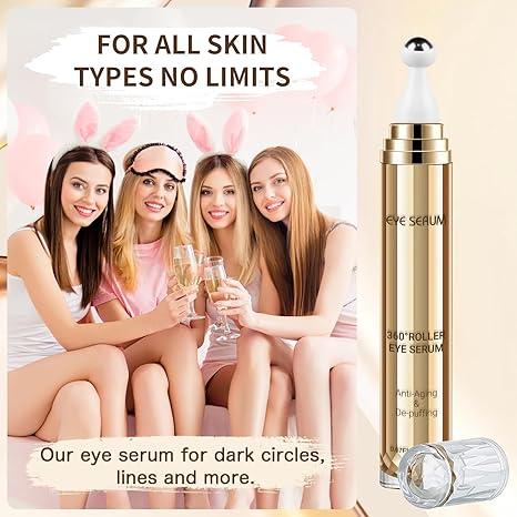 Eye Serum 5% Caffeine,Under Eye Cream for Dark Circles & Puffiness Eve Care Eye Roller Serum with 360°Massage Ball Reduce Eye Bags Wrinkles & Fine Lines 20ML