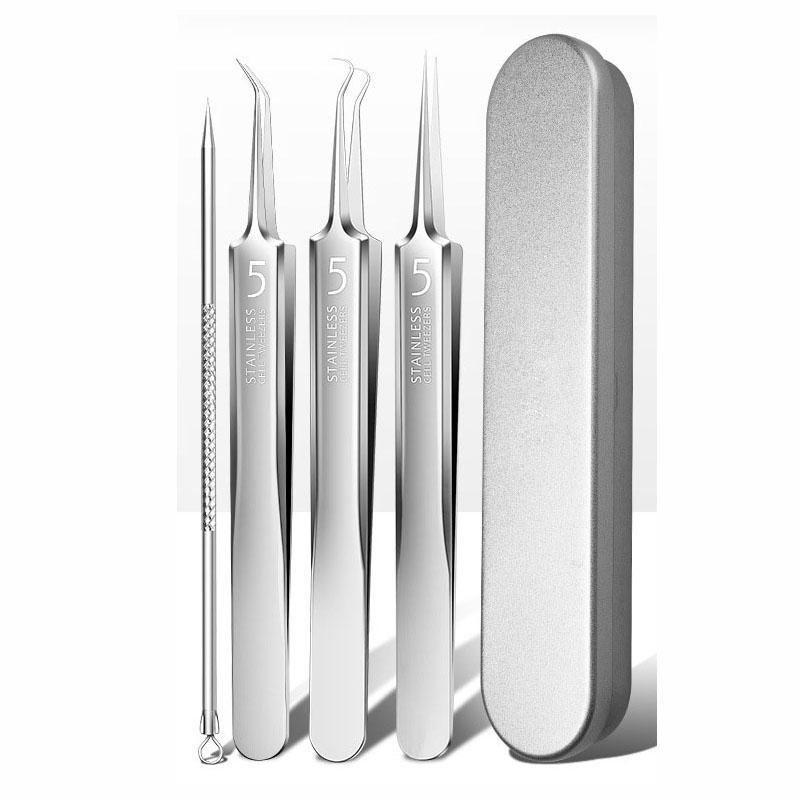 Stainless Steel Tweezers Set with Storage Box, 5 Counts set Precision Tweezers for Deep Pore Cleansing, Skin Care Tool for Salon