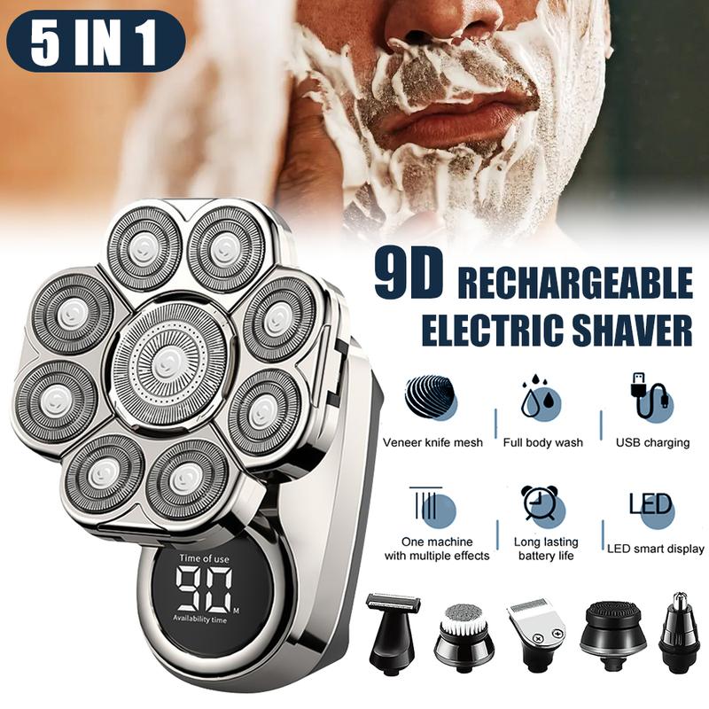 6-in-1 Electric Head Hair Shaver Mens Cordless Rechargeable Wet Dry Skull & Bald Head Waterproof Razor with Rotary Blades, Clippers, Nose Trimmer, Brush, Massager Home&Travel Valentine Gift