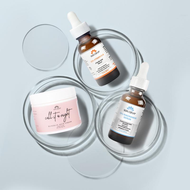 Tiktok Exclusive Bundle | 20% Vitamin C + E Ferulic Acid Serum | 15% Niacinamide Serum | Glycolic Acid Cream | Even Tone, Clear Pores & Smooth Texture Bundle