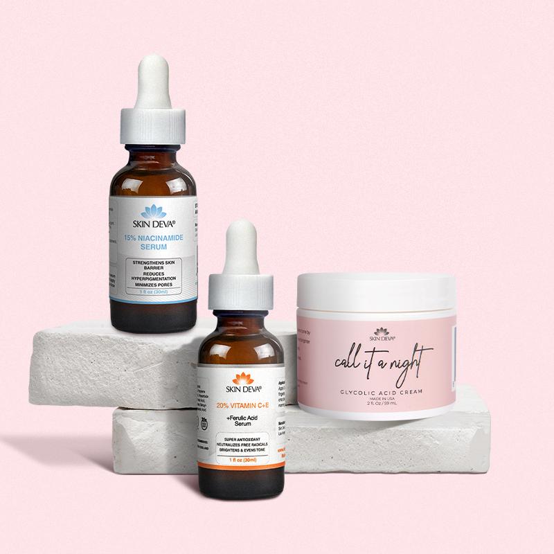 Tiktok Exclusive Bundle | 20% Vitamin C + E Ferulic Acid Serum | 15% Niacinamide Serum | Glycolic Acid Cream | Even Tone, Clear Pores & Smooth Texture Bundle