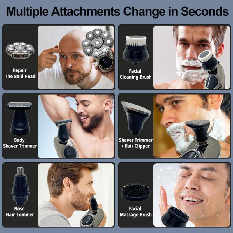 6-in-1 Electric Head Hair Shaver Mens Cordless Rechargeable Wet Dry Skull & Bald Head Waterproof Razor with Rotary Blades, Clippers, Nose Trimmer, Brush, Massager Home&Travel Valentine Gift