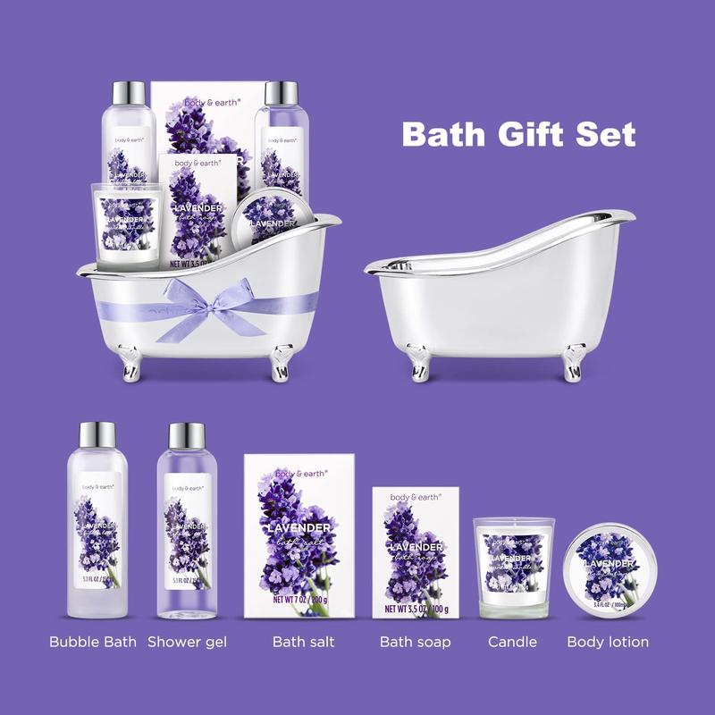 Lavender Gift Set for Women – Body & Earth Bath Set with Bubble Bath, Body Lotion & Scented Candle, Perfect Christmas & Bath Gifts for Women