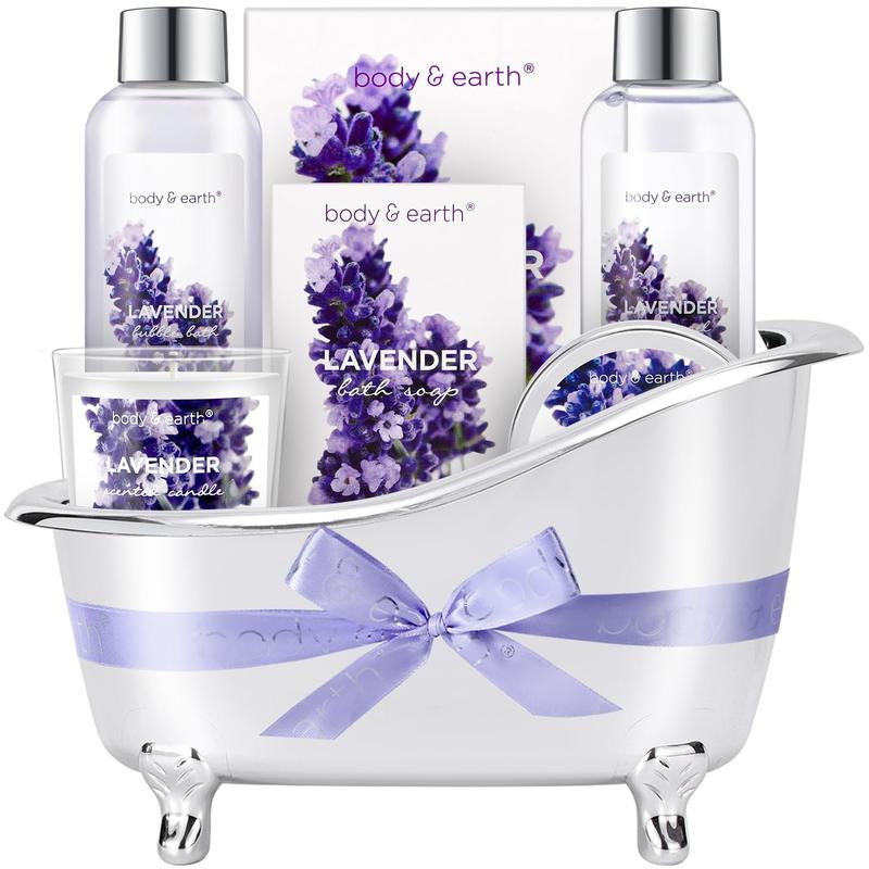 Lavender Gift Set for Women – Body & Earth Bath Set with Bubble Bath, Body Lotion & Scented Candle, Perfect Christmas & Bath Gifts for Women