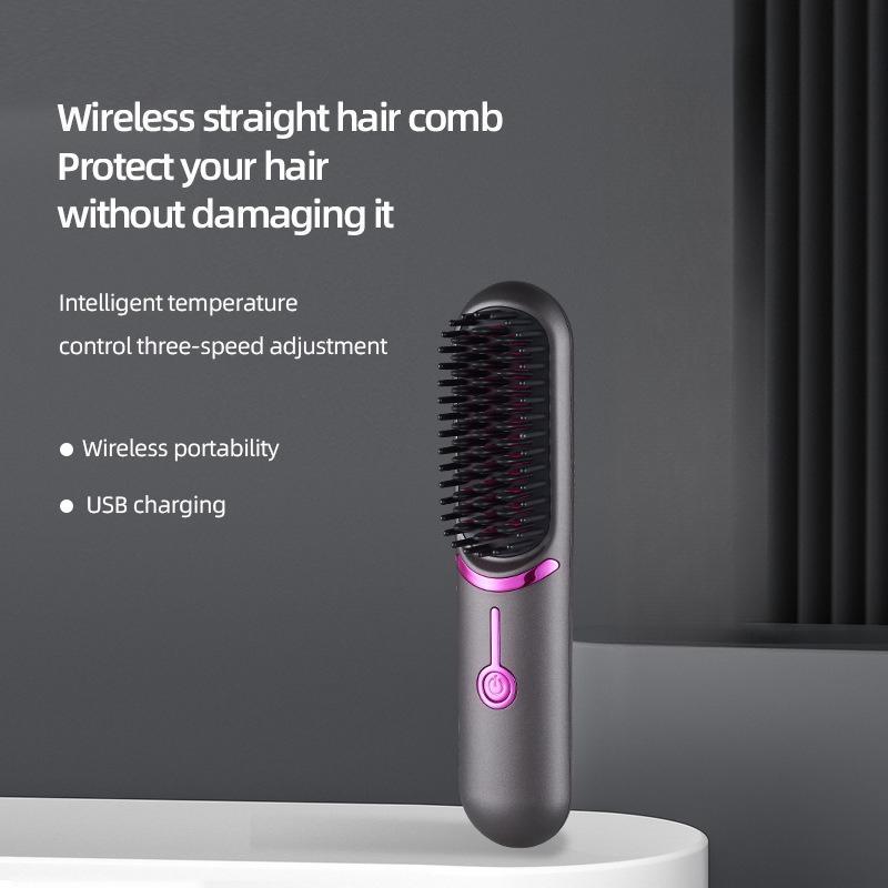 Cordless Negative Ion Hair Straightener Brush, USB Rechargeable Fast Heating Straightening Brush, Lightweight for Travel