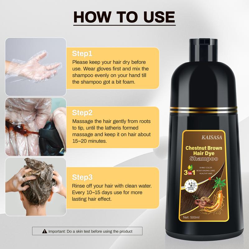 KAISASA Chestnut Brown Hair Dye Shampoo 3 in 1,Herbal Ingredients,Contains Ginseng Extract,Natural Haircoloring, Plant Haircare,black hairdye