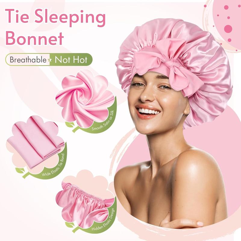 Solid Color Satin Bonnet & Heatless Curls Kit, 7 Counts set Hair Care Kit for Sleeping, Night Cap, Silky Bonnet with Elastic Tie Band for Curly Hair