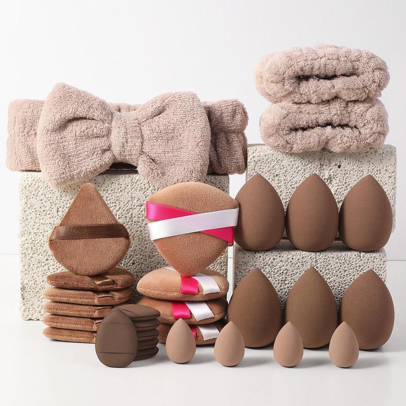 Facial Makeup Tool Set, Including 6 Beauty Sponge & 6 Triangle Puff & 6 Finger Puff & 4 Mini Detail Sponge & 4 Double Strand Puff & 1 Headband & 2 Wristband