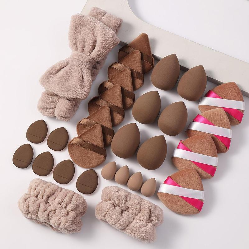 Facial Makeup Tool Set, Including 6 Beauty Sponge & 6 Triangle Puff & 6 Finger Puff & 4 Mini Detail Sponge & 4 Double Strand Puff & 1 Headband & 2 Wristband