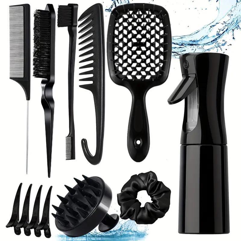 Hair Styling Tool Set, 12pcs set Hair Brush & Combs & Massage Brush & Hair Tie & Hair Clips & Hair Spray Bottle, Heatless Styling Tools Set, Hair Products, Hair Essentials, Slick Back Bun Girl, Hair Styling Tools, French Combs, Christmas Gift