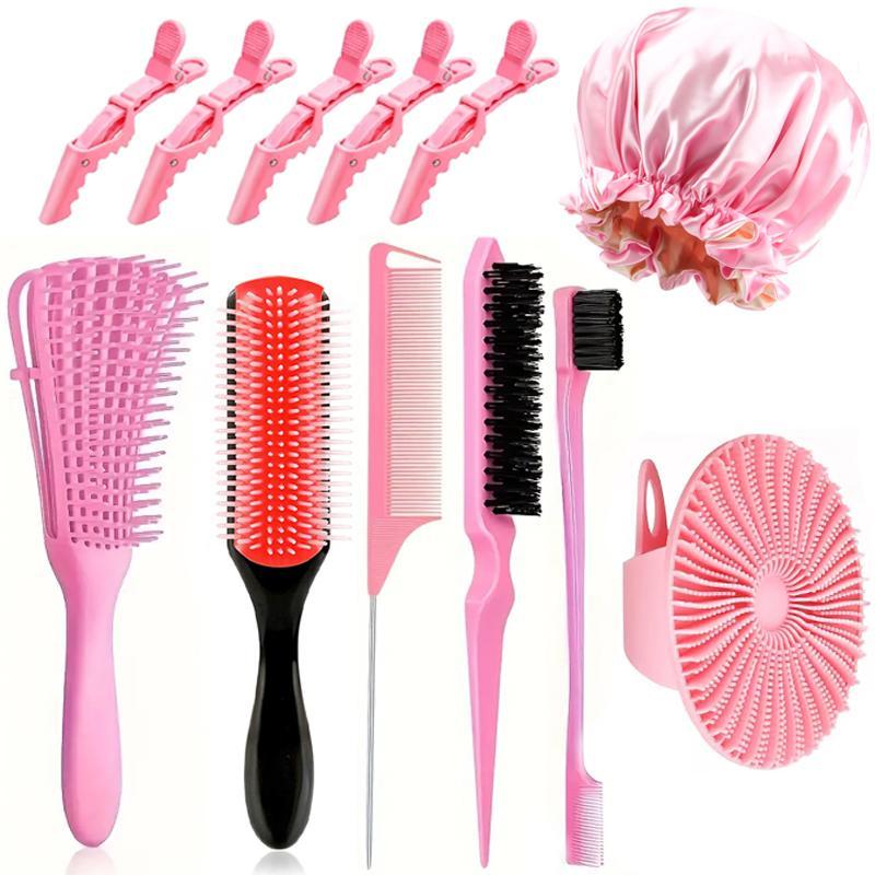 Heatless Styling Tool Set, 12pcs Detangling Brush Set Including 5 Counts Hair Comb & 5 Counts Crocodile Clip & 1 Count Hair Cap & 1 Count Bath Brush, Professional Hair Care Tools For Women & Girls