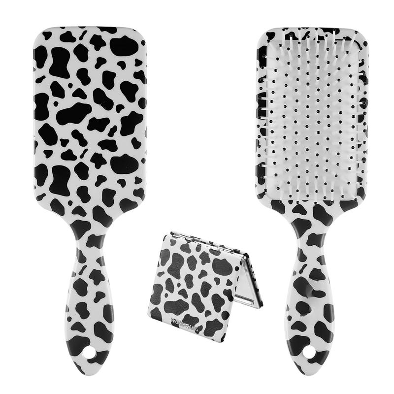 Cow Print Hairbrush & Paired with portable mirror,  Detangling Brush Anti Static Massage Comb  Brush For All  Wet And Dry ,8.5 inch