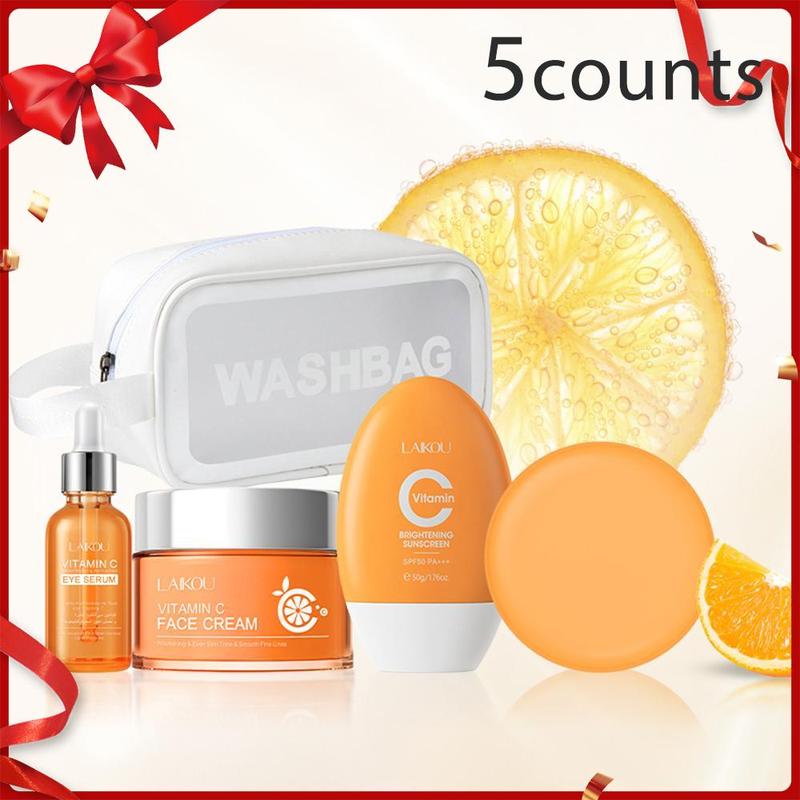 Vitamin C Skincare Set, 1 Set Vitamin C Handmade Soap & Face Cream & Serum & Sunscreen & Makeup Bag, Moisturizing Skin Care Kit for Women