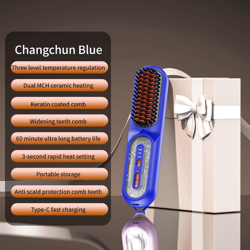 Cordless Hair Straightener Brush, Portable Straightener Brush for Travel and Three Level Temperature Regulation, Type-C Rechargeable Straightening Comb