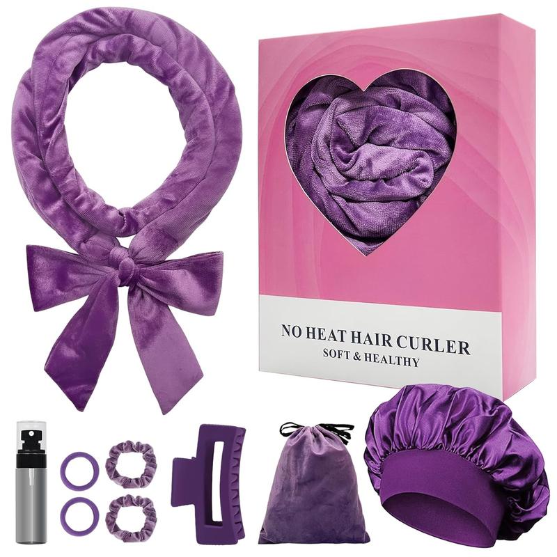 No Heat Curlers, Overnight Curls No Heat Curling Headband Soft Hair Curler Rollers to Sleep In, 70 Inches Non Heat Hair Wrap Curling Rod Ribbon for Women Long Wave Hair, 9 count Gift Set (Purple)