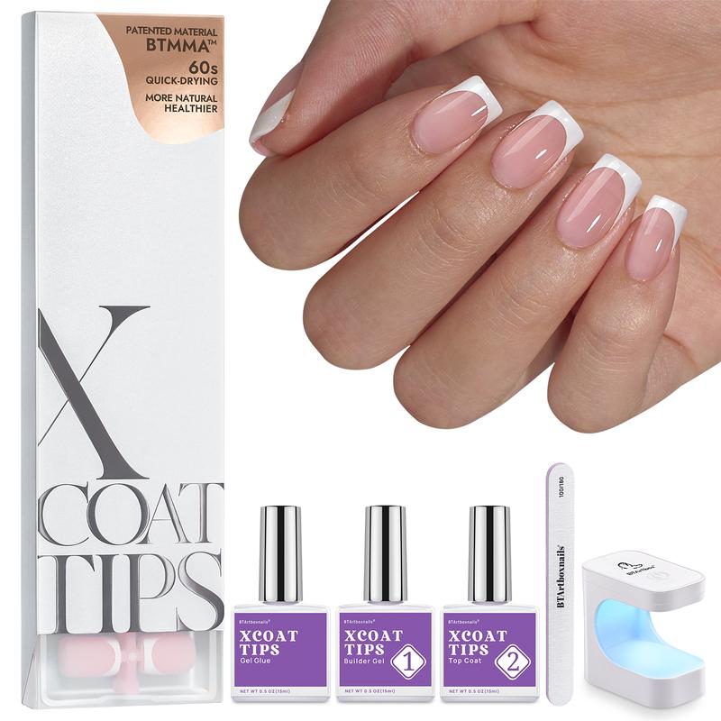 btartboxnails XCOATTIPS French Tip Press on Nails - Square or Almond or Coffin Press On Nails , 43.99$ Pink Short Fake Nails Kit with UV Glue, Nails Lamp, All in One Soak Off Acrylic Fake Nail Extension