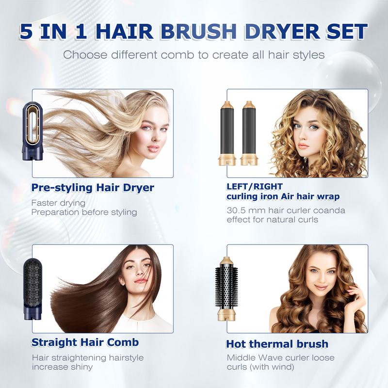 5 in 1 Hair Dryer Power Smoothing Conditioning Styling Tool - Curling Iron Hot Air Brush System with Hair Measuring Hair Dryer Brush, Smoothing Brush, Curling Brush - Curling Iron Styler - Intelligent Thermal Control, Detachable Multi-Use Styler (Blue)